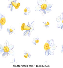 Beautiful seamless daffodil floral pattern. Hand drawn narcissus endless background. Spring easter backdrop. For greeting cards, invitations, decorations, floral prints, floristic design, wallpaper.