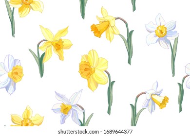 Beautiful seamless daffodil floral pattern. Hand drawn narcissus endless background. Spring easter backdrop. For greeting cards, invitations, decorations, floral prints, floristic design, wallpaper.