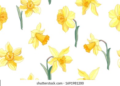 Beautiful seamless daffodil floral pattern. Hand drawn narcissus endless background. Spring easter backdrop. For greeting cards, invitations, decorations, floral prints, floristic design, wallpaper.