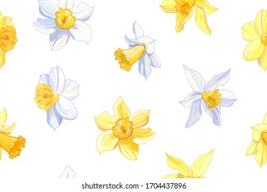 Beautiful seamless daffodil floral pattern. Hand drawn narcissus endless background. Spring easter backdrop. For greeting cards, invitations, decorations, floral prints, floristic design, wallpaper.