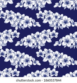 Beautiful seamless dark blue and white floral pattern with apple flowers. Nature botanical vector background illustration. Stock graphic design.