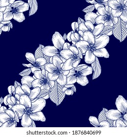 Beautiful seamless dark blue and white floral pattern with apple flowers. Nature botanical vector background illustration. Stock graphic design.