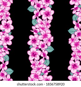 Beautiful seamless dark floral pattern with pink apple flowers over black. Nature botanical vector background illustration. Stock graphic design.