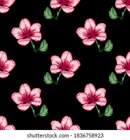 Beautiful seamless dark floral pattern with red apple flowers over black. Nature botanical vector background illustration. Stock graphic design.