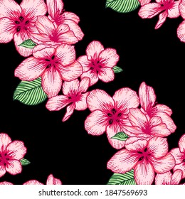 Hermoso patrón floral oscuro y sin fisuras con flores de manzana rosada sobre negro. Ilustración de fondo del vector botánico de la naturaleza. Diseño gráfico bursátil.