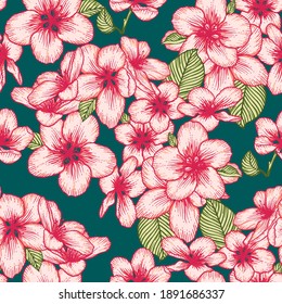 Beautiful seamless dark green floral pattern pink with apple flowers. Nature botanical vector background illustration. Stock graphic design.