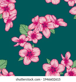 Beautiful seamless dark green floral pattern pink with apple flowers. Nature botanical vector background illustration. Stock graphic design.