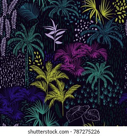 Beautiful seamless Dark tropical summer forest pattern on black with colorful palm trees,exotic wild and plants vector in hand drawn style. Beautiful seamless Dark tropical summer forest pattern on black with colorful palm trees,exotic wild and plants vector in hand drawn style.