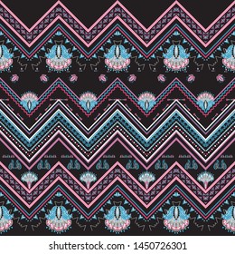 Beautiful seamless design black background blue pink combination floral motif design border African style 