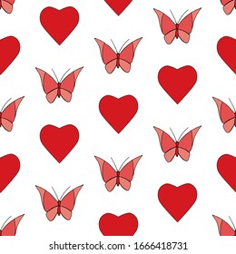 Beautiful seamless diagonal texture with red hearts and pink butterflies on a white background. Spring bright pattern. Hand drawing. Template in the swatch panel.