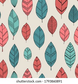 Beautiful seamless doodle pattern with vintage leaves sketch. design background greeting cards and invitations to wedding, birthday, mother s day and other seasonal autumn, spring, summer holidays.