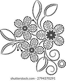 Beautiful Seamless Dotted Design Element or Pattern of Central Flowers with Peripheral Swirling Leaves and Spings, can be used to create patterns for Fabric, Cushion, Curtains, Wallpaper, Carpet, Embroidery, Tiles,  Laminates etc, Free hand Geometric Floral Embroidery Vector Illustration drawn in flat dotted style
