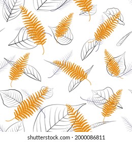 Beautiful seamless exotic floral cool vintage fashion pattern. Boho style. Orange fern leaves on gentle white background. Hand drawn vector illustration.