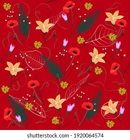 Beautiful seamless exotic floral fashion fabric design pattern with red poppies, green fern leaves, yellow and purple lilies. Red background. Hand drawn vector stock illustration.