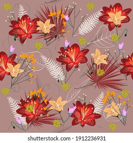 Beautiful seamless exotic floral summer fashion fabric print pattern with red lilies and cool leaves. Light brown beige background. Stock illustration.