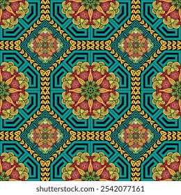 Beautiful seamless fabric pattern with hexagon, rhombus, frame, border, abstract flowers, greek key meander. Bright ornamental colorful vector background. Repeat geometric ornaments. Endless texture.