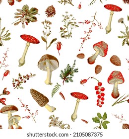 Beautiful Seamless fall forest theme pattern with floral and mushrooms image assets, autumn, t-shirts, texture perfect for mugs, fabrics, packaging, POD etc