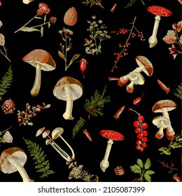 Beautiful Seamless fall forest theme pattern with floral and mushrooms image assets, autumn, t-shirts, texture perfect for mugs, fabrics, packaging, POD etc