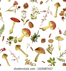 Beautiful Seamless fall forest theme pattern with floral and mushrooms image assets, autumn, t-shirts, texture perfect for mugs, fabrics, packaging, POD etc