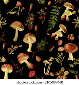 Beautiful Seamless fall forest theme pattern with floral and mushrooms image assets, autumn, t-shirts, texture perfect for mugs, fabrics, packaging, POD etc