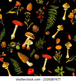 Beautiful Seamless fall forest theme pattern with floral and mushrooms image assets, autumn, t-shirts, texture perfect for mugs, fabrics, packaging, POD etc