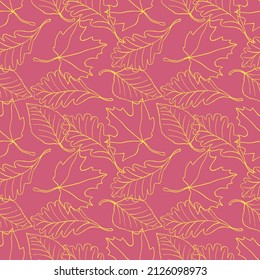 Beautiful seamless fall leaf vector pattern. Maple, Birch and Oak leaves combine and overlap to create a fashionable designer quality pattern, with a hand drawn quality.