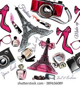 Beautiful seamless fashion background with perfume Eiffel tower shoes cameras and lipstick stylish vector illustration