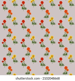 Beautiful seamless fashion wallpaper with yellow, red and orange marigold flowers bunch for textile design, wrapping paper, packaging, bag print