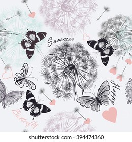 Beautiful seamless floral  background with dandelions and butterflies in pastel colors