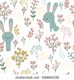 Beautiful seamless floral and bunny pattern. Stock illustration. Natural artwork.  Plant and bunny cartoon background for fashion, wallpapers, print.