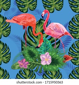 Hermoso patrón exótico floral sin fisuras con flores tropicales, hojas de palma, plantas selváticas, hibiscos, pájaro de flores del paraíso, flamencos rosas