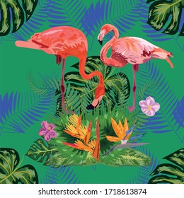 Hermoso patrón exótico floral sin fisuras con flores tropicales, hojas de palma, plantas selváticas, hibiscos, pájaro de flores del paraíso, flamencos rosas