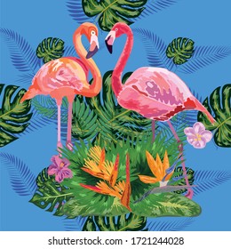 Beautiful seamless floral exotic pattern with tropical flowers, palm leaves, jungle plants, hibiscus, bird of paradise flower, pink flamingos