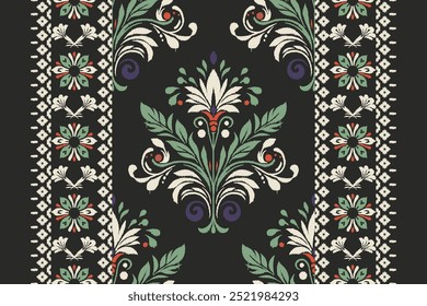 Beautiful seamless floral ikat pattern with intricate leaf and vine motifs. Perfect for ethnic decor, textiles, wallpaper or fashion designs with traditional bohemian elements.