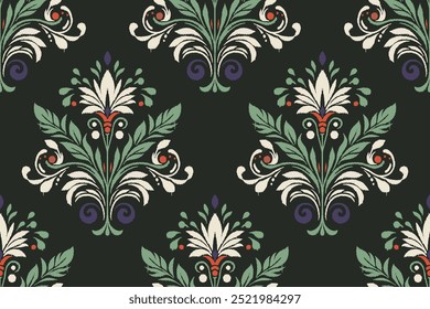 Beautiful seamless floral ikat pattern with intricate leaf and vine motifs. Perfect for ethnic decor, textiles, wallpaper or fashion designs with traditional bohemian elements.