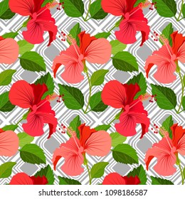 Beautiful seamless floral jungle pattern background. Tropical flowers bright color background. Hibiscus flower realistic vector repeatable design.