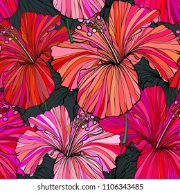 Beautiful seamless floral jungle pattern background. Tropical flowers bright color background. Hibiscus flower realistic vector repeatable design.