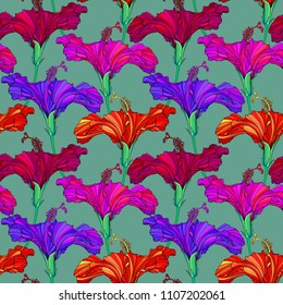 Beautiful seamless floral jungle pattern background. Tropical flowers bright color background. Hibiscus flower realistic vector repeatable design.