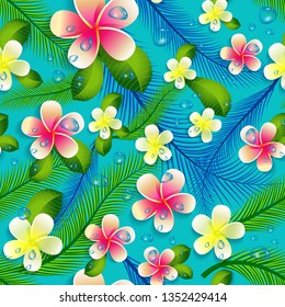 Beautiful seamless floral jungle pattern background. Tropical flowers and palm leaves