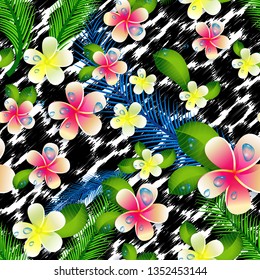 Beautiful seamless floral jungle pattern background. Tropical flowers and palm leaves on leopard print