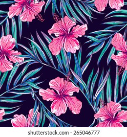 Beautiful seamless floral jungle pattern background. Tropical flowers and palm leaves