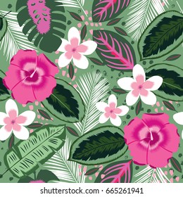 Beautiful seamless floral jungle pattern background. Tropical flowers and palm leaves