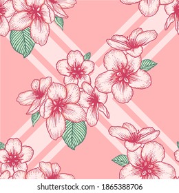 Beautiful seamless floral light pattern with apple flowers. Nature botanical vector background illustration. Stock graphic design.