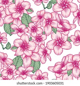 Beautiful seamless floral light pattern with apple flowers. Nature botanical vector background illustration. Stock graphic design.