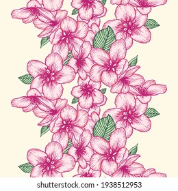 Hermoso patrón de luz floral sin fisuras con flores de manzana rosa. Ilustración de fondo del vector botánico de la naturaleza. Diseño gráfico bursátil.