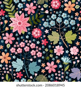 Beautiful seamless floral ornament on a complex dark background. Tiny and larger flowers and leaves form a joyful pattern for the fabric. Vector textile print.