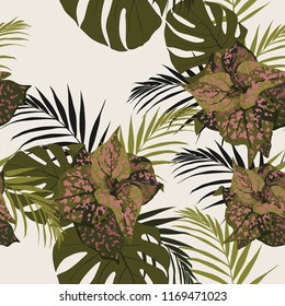 Beautiful seamless floral pattern background with tropical plants. Perfect for wallpapers, web page backgrounds, surface textures, textile. Light background.