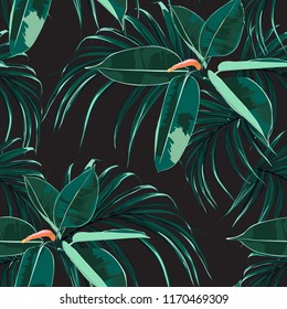 Beautiful seamless floral pattern background with tropical bright ficus elastica and palm leaves. Perfect for wallpapers, web page backgrounds, surface textures, textile. Black background.