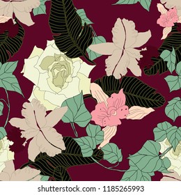 Beautiful seamless floral pattern background. Tropical flowers vector illustration.