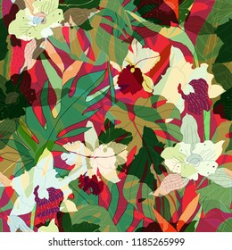 Beautiful seamless floral pattern background. Tropical flowers vector illustration.